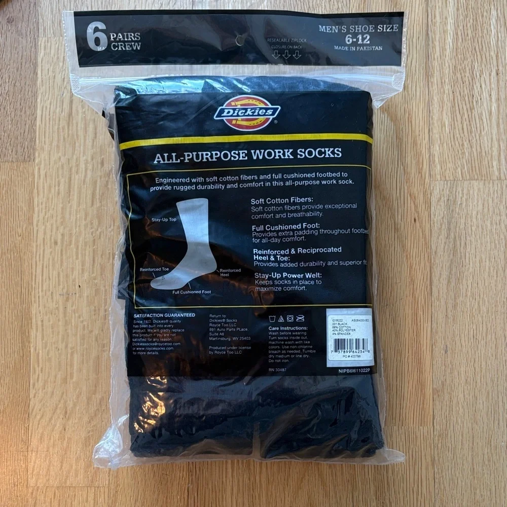Dickies 6 Pairs All-Purpose Cushioned Crew Socks - Black - Picture 2 of 2